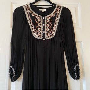 Max Studio Black Maxi Tiered Dress w/ Embroidered Bib.